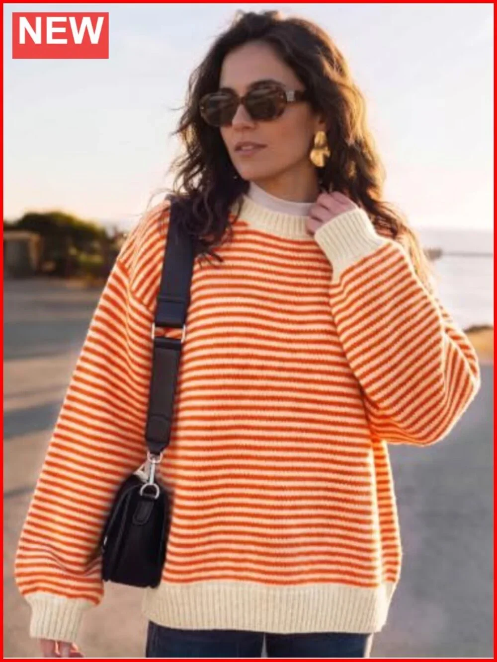 Oversized Striped Crewneck Sweater Soft Knit Pullover Women's